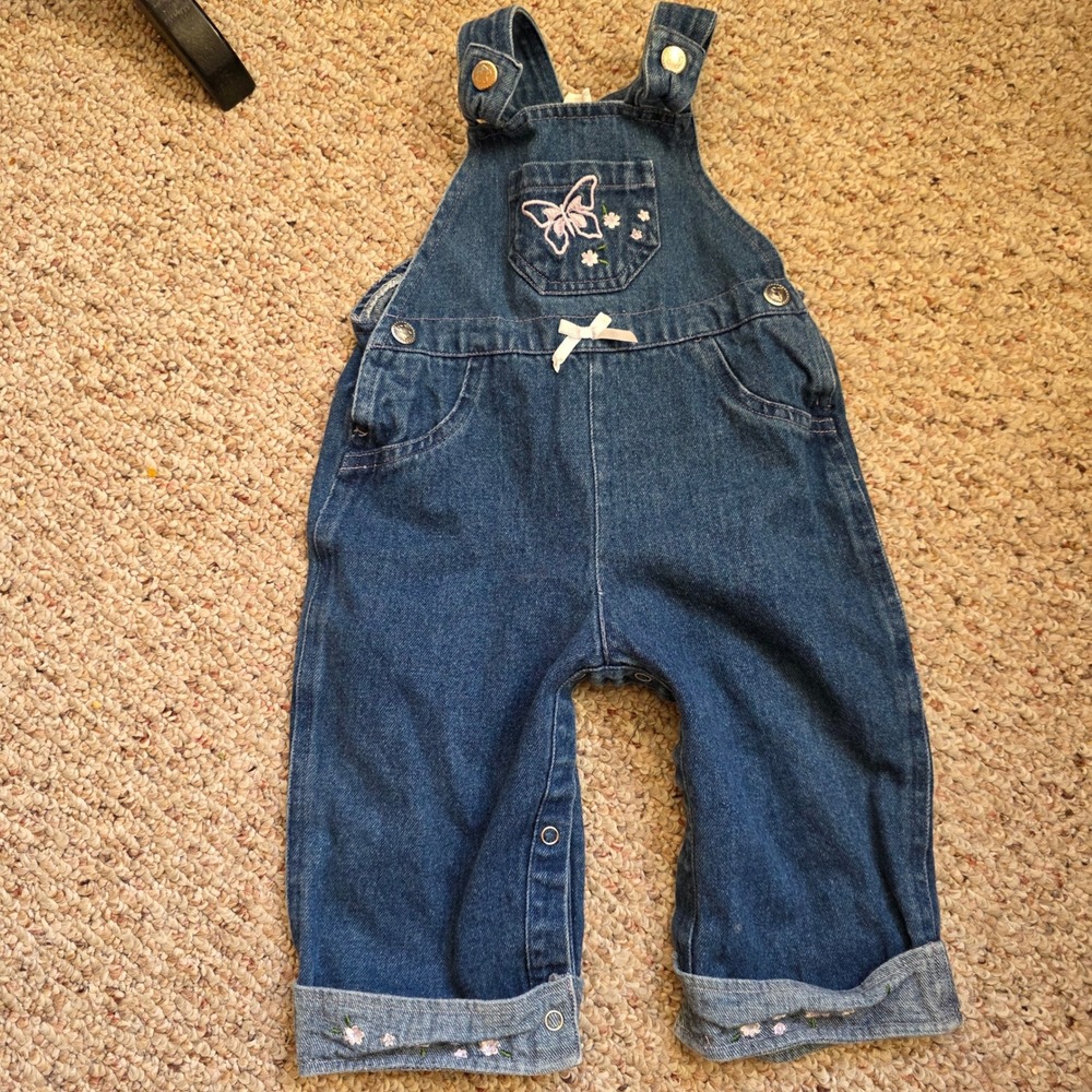VTG 2005 Y2K Fisher Price Baby Girls Denim Overalls Butterfly Floral 12 Months